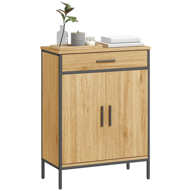 HOMCOM Badezimmerschrank, zweistufige Regale, große Schublade, Industriestil, Eichenoptik