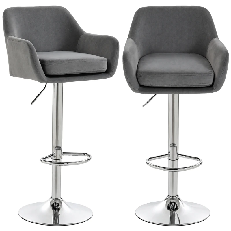 HOMCOM Set mit 2 360° drehbaren Samt-Barhockern, höhenverstellbar, mit Fußstütze, Rückenlehne, Metallbasis, Grau