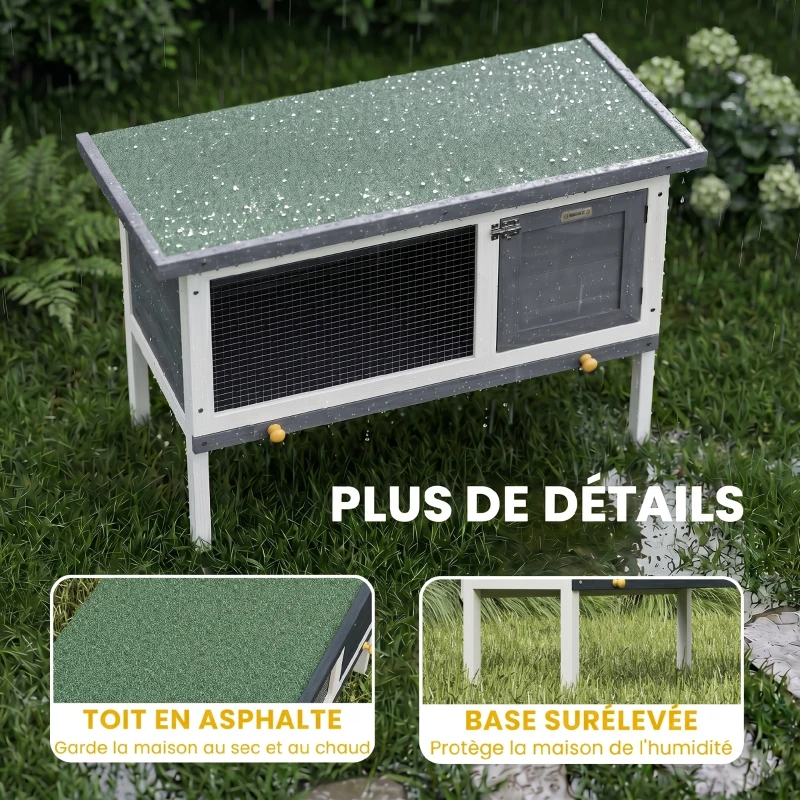 PawHut Clapier Lapin Extérieur en Bois, avec Toit Ouvrable en Asphalt et Plateau Coulissant, Design Surélevé, 90x45x65cm, Gris