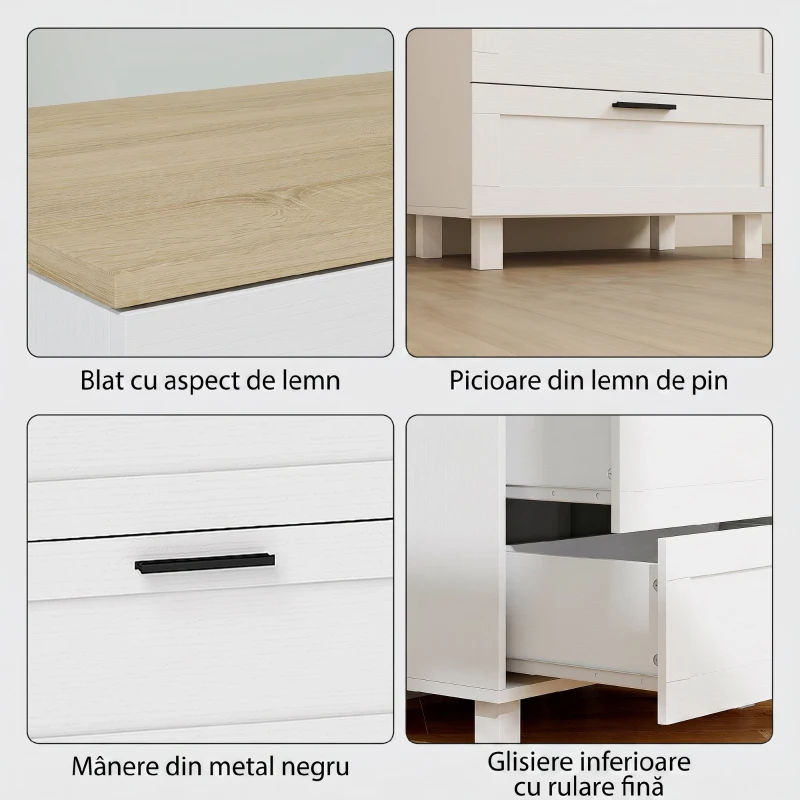 HOMCOM Comodă cu 3 Sertare Modernă din Lemn, 60x38x71 cm, Alb și Aspect de Lemn
