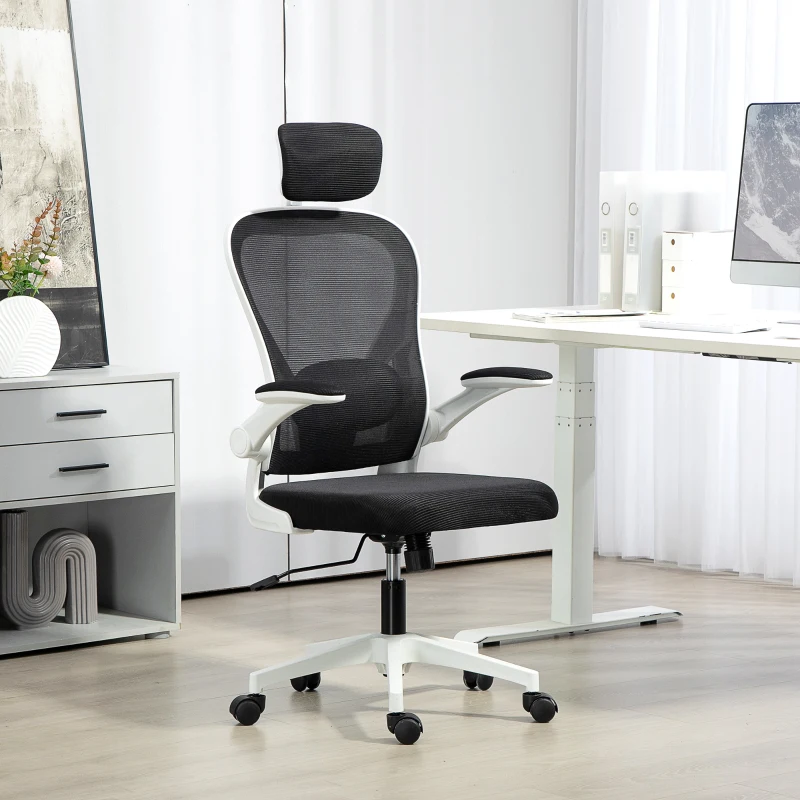 HOMCOM Executive Office Chair, Ergonomic Mesh High Back Desk Chair with Flip-up Armrest, Rotatable Headrest, Adjustable Lumbar Support for Home Study, Black