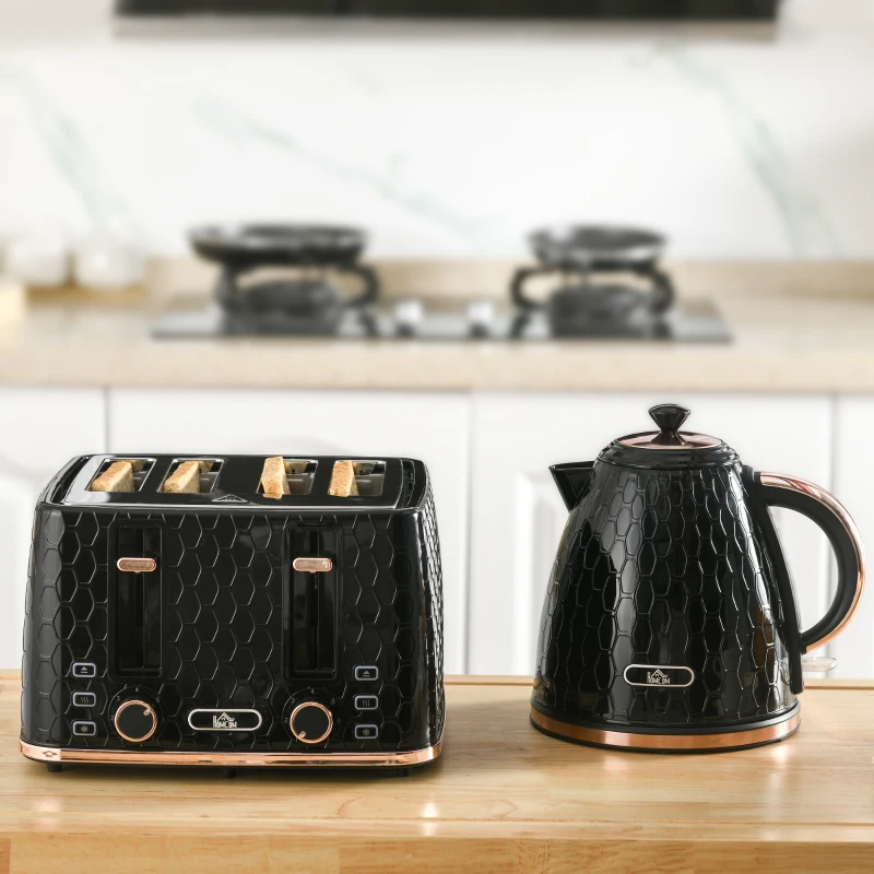 HOMCOM Conjunto de cozinha 2 em 1, torradeira e chaleira, várias opções, 1,7 L, 4 fatias ao mesmo tempo, plástico, preto