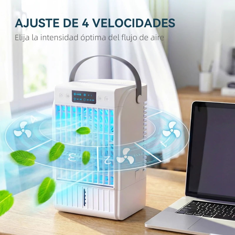 HOMCOM Mini Enfriador de Aire 4 en 1 con 4 Velocidades 2 Modos de Nebulización Luz LED RGB de 7 Colores Blanco