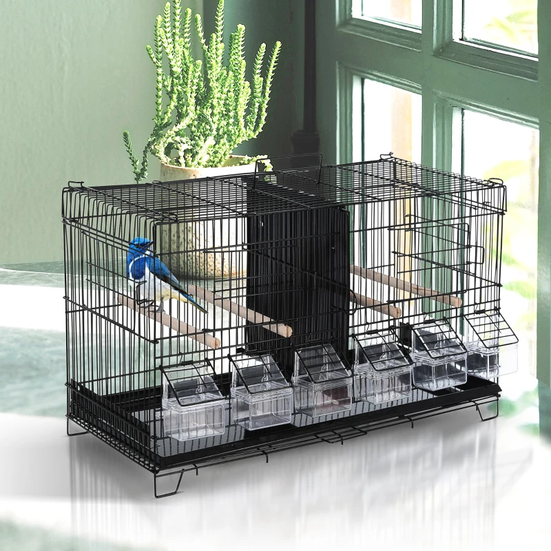 PawHut Cage à oiseaux dim. 59,5L x 26,5I x 39,5H cm mangeoires perchoirs 4 portes plateau excrément amovible + poignée transport métal PP noir