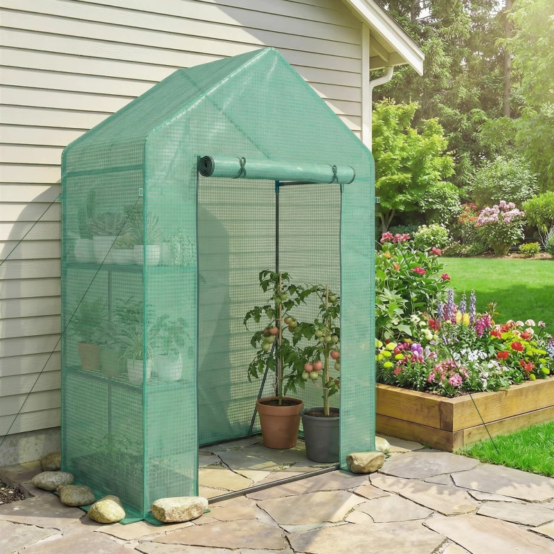 Outsunny Seră de Grădină, Ușă Rulantă, Rafturi 2 Etaje, Structură Oțel, Acoperire PE, 143x73x195 cm, Verde