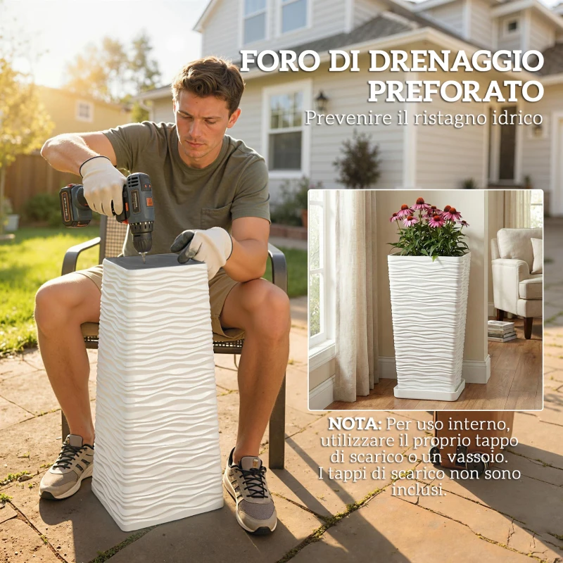 Outsunny Set 3 Vasi da Esterno Impilabili con Motivo Ondulato in Plastica, 42/55/65 cm, Bianco