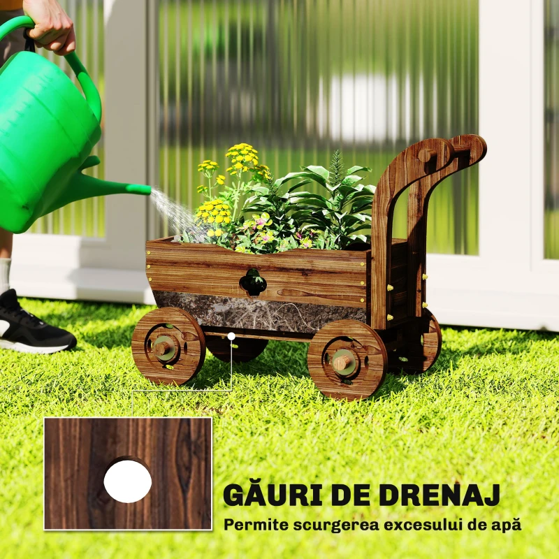 Outsunny Ghiveci de flori din lemn în formă de căruț cu 4 roți, mâner și orificii de drenaj, 68x38x52 cm, lemn