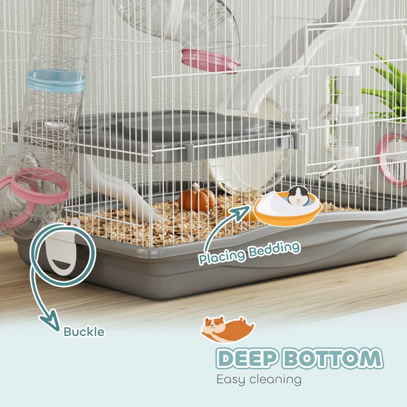 PawHut 3-Tier Hamster Cage with Exercise Wheels, Water Bottle, Food Dish, for Dwarf Hamsters, 45 x 30 x 45 cm, Grey