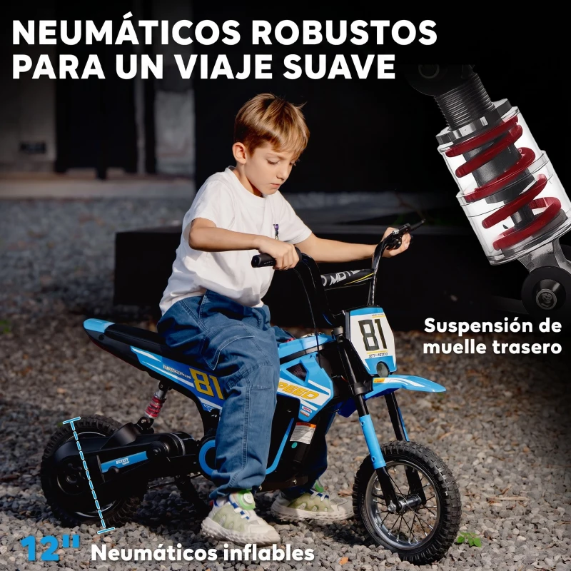 AIYAPLAY Moto Eléctrica para Niños 24V con Motor 250W Velocidad de 6-16km/h Ruedas de 12'' para Niños de 8-12 Años Azul