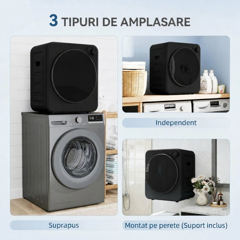 HOMCOM Mini Uscător Rufe Portabil 2,5Kg, 5 Programe, 800W, Încărcare Frontală, Negru