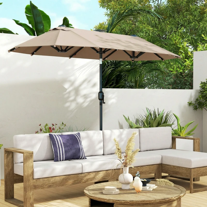 Outsunny Doppelsonnenschirm 292 x 150 cm, Sonnenschirm mit mit LED-Beleuchtung Handkurbel, Knickfunktion Khaki