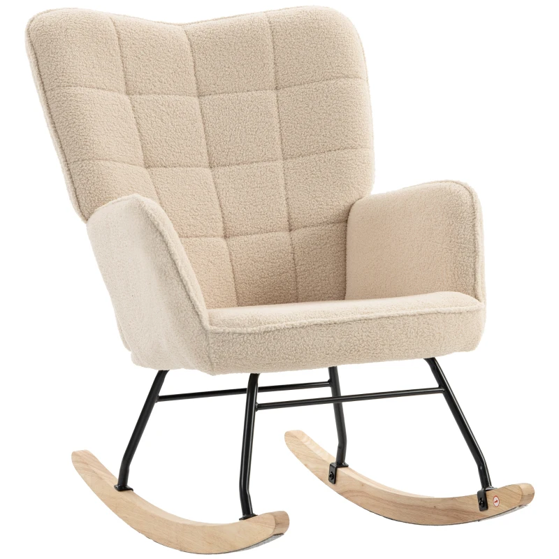 HOMCOM Schaukelstuhl im Retro-Design, Massivholz, Sessel, Relaxsessel, 98 cm x  71 cm x 101 cm, Beige(m-10)