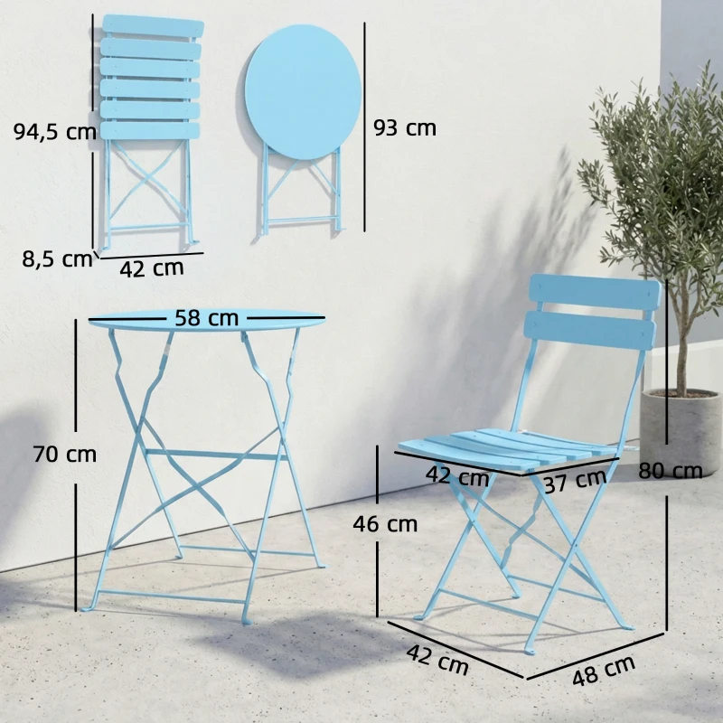 Outsunny 3-teiliges Garten Bistro Set Klappbar Bistrotisch mit 2 Stühlen Lamellen-Sitz Doppelt X-Beine Hellblau