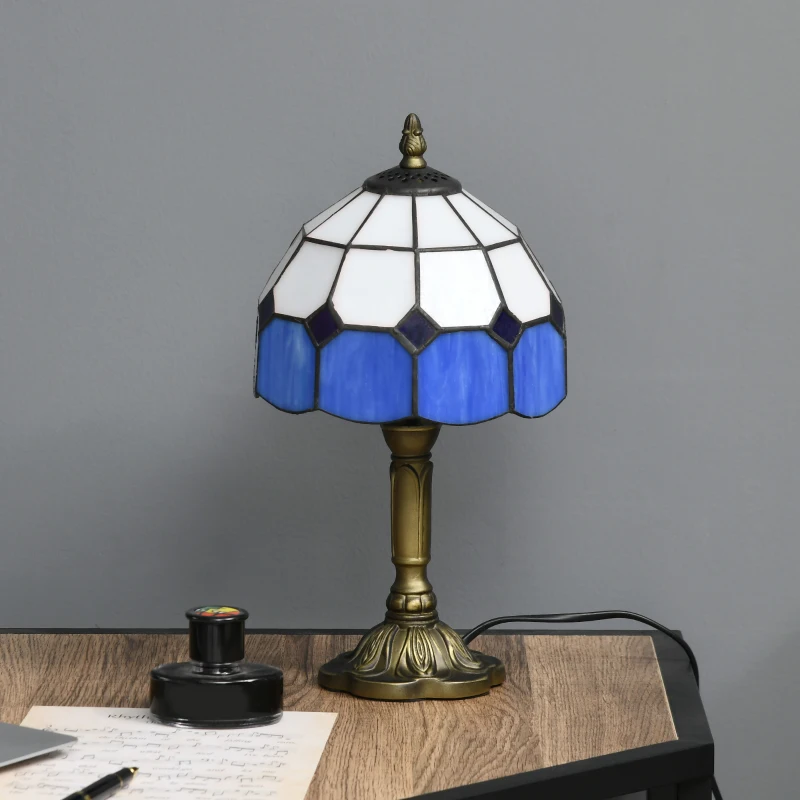 HOMCOM Handmade Stained Glass Table Lamp, Antique Bedside Lamp for Bedroom, Living room, Home, Nightstand, Decorative Night Light, Blue
