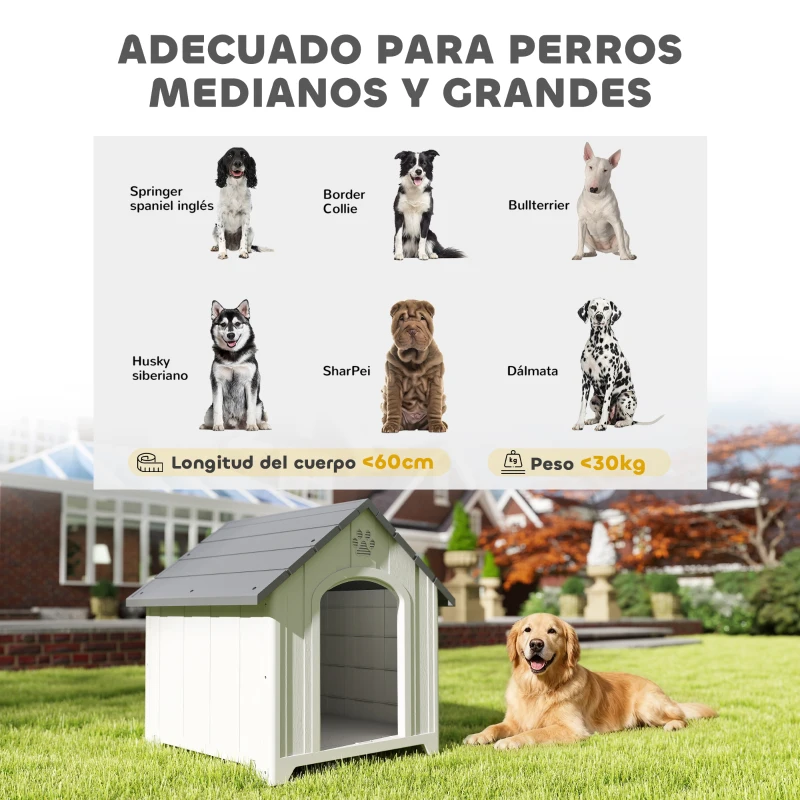 PawHut Caseta para Perros Exterior Casa para Perros Grandes de Plástico con 2 Ventanas Base Elevada Estacas Gris