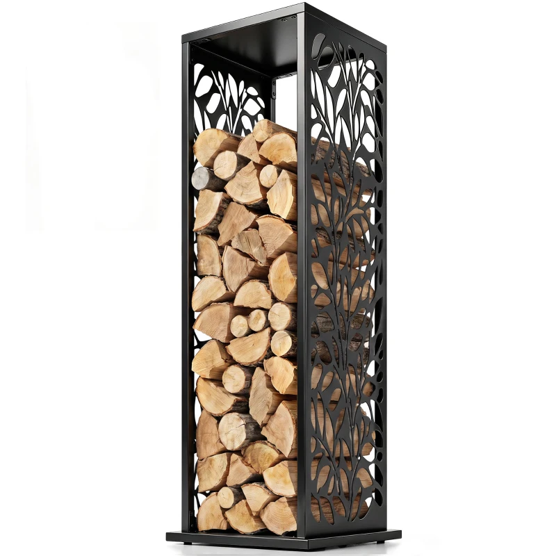 Outsunny aminholzregal 38 x 38 x 112cm erhöhtes Brennholzregal mit 4 Haken Dekorative Aussparungen bis 100 kg Stahl