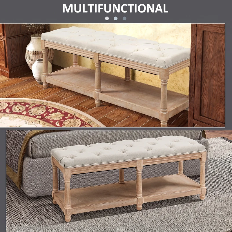 HOMCOM 2-Tier Bed End Bench, Vintage Stool, Wooden Window Seat with Storage Shelf, Button Tufted Upholstered Footstool for Living Room, Bedroom, Entryway, Cream White