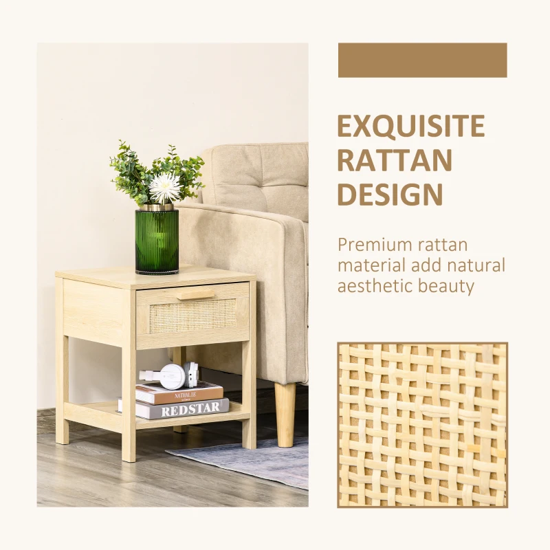 HOMCOM Chest of Drawer and Nightstands, Boho Rattan Furniture Set, Nature Wood Finish
