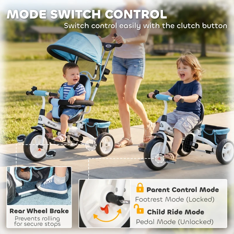 HOMCOM 6 in 1 Kids Trike Push Bike w/ Push Handle, Canopy, 5-point Seat Belt, Storage, Footrest, Brake, for 1-5 Years, Blue