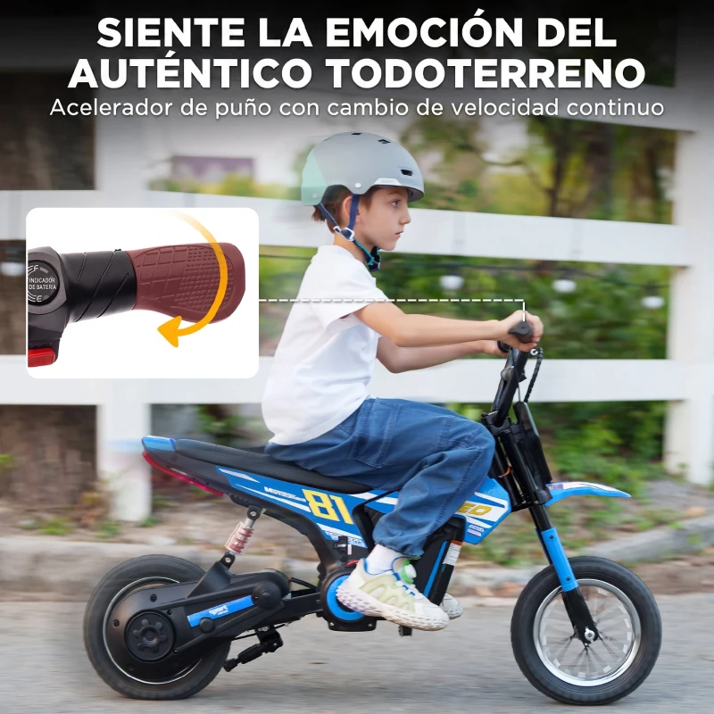 AIYAPLAY Moto Eléctrica para Niños 24V con Motor 250W Velocidad de 6-16km/h Ruedas de 12'' para Niños de 8-12 Años Azul