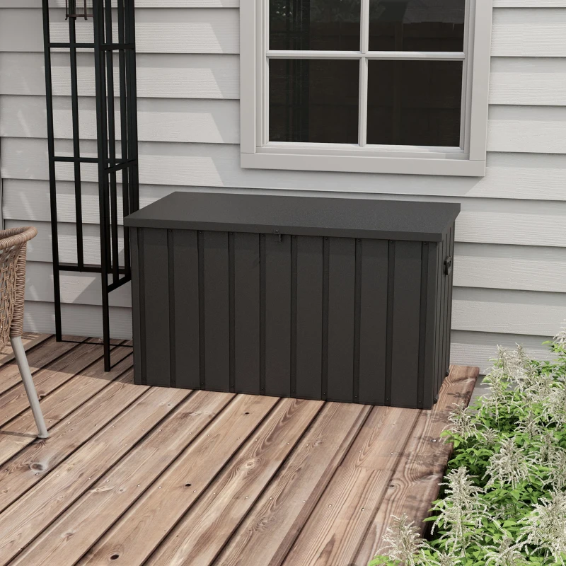 Outsunny Coffre de rangement pour jardin 450L en métal avec vérin à gaz, roulettes et poignée - dim. 125,5L x 61,5l x 70H cm