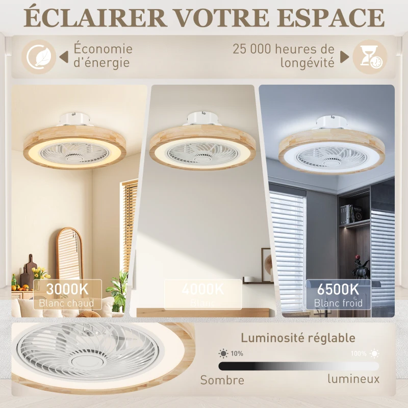HOMCOM Ventilateur de plafond réversible avec lumière et télécommande 6 vitesses, minuterie, luminosité réglable, bois naturel