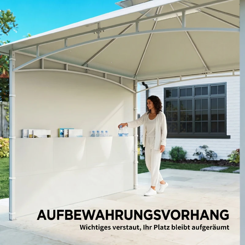 Outsunny Pavillon Tonnelle de Jardin Toit Double Rideaux et Poches de Rangement Crochet de Plafond 3 x 3 m Crème