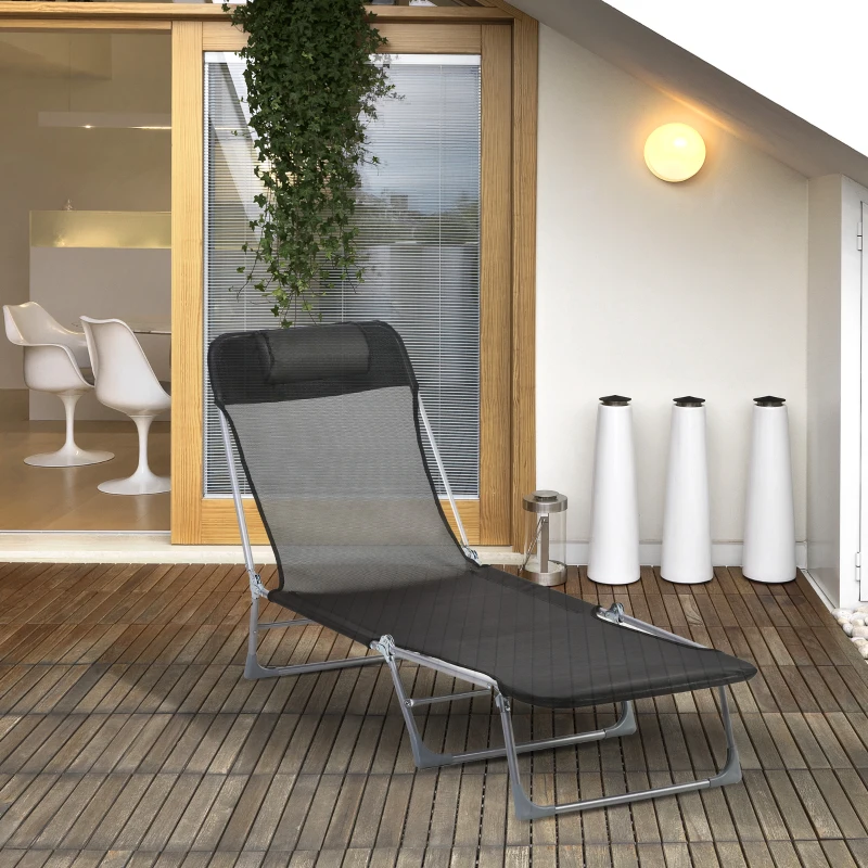 Outsunny Bain de soleil transat chaise longue inclinable pliable avec oreiller dossier réglable sur 5 niveaux noir