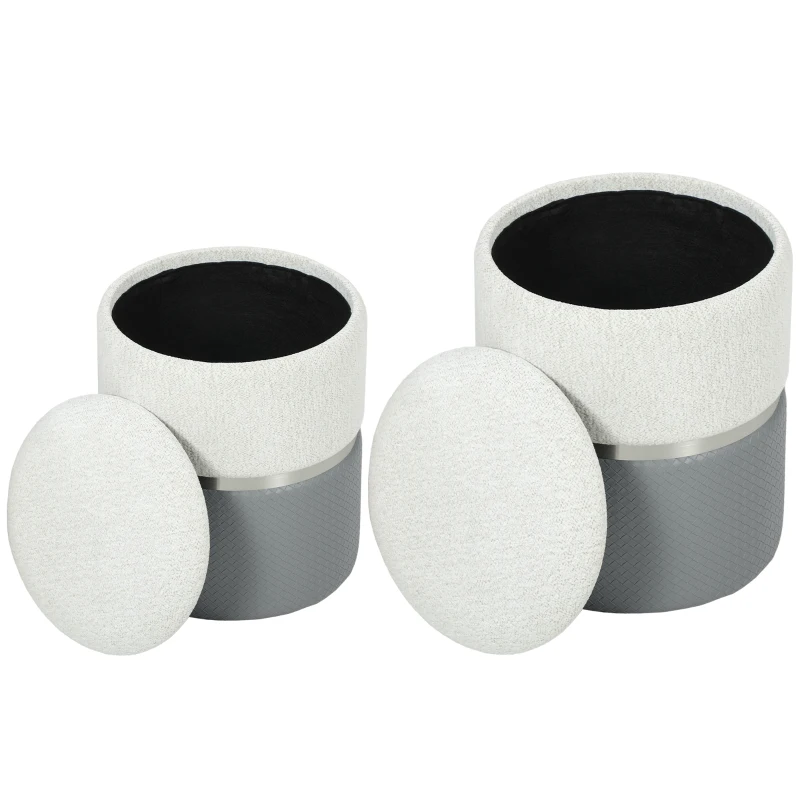 HOMCOM Nesting Round Ottoman with Storage Set of 2 - Cream/Grey