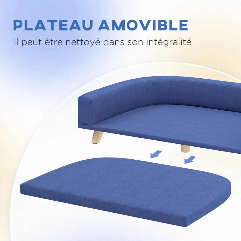 PawHut Canapé pour chien grand lit surélevé pour chien coussin lavable cadre en bois tissu polyester 98 x 67 x 25 cm bleu