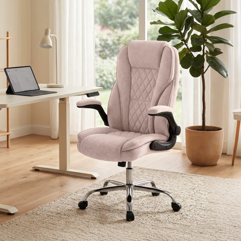 HOMCOM Fauteuil de bureau, chaise bureau ergonomique, hauteur réglable, accoudoirs relevables, 70 x 70 x 114-122 cm, rose