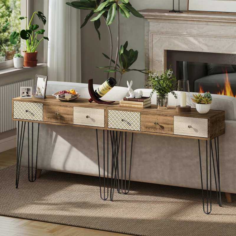 HOMCOM Mesa de Consola Mesa de Sofá con 3 Cajones con Patas de Acero Tipo Horquilla Estilo Bohemio Natural
