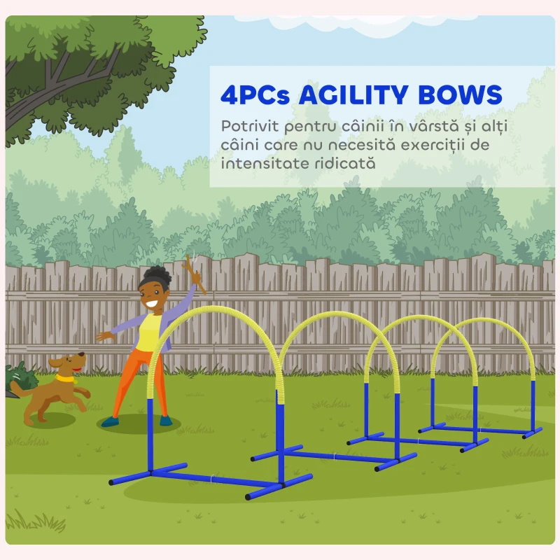PawHut Set Agility pentru câini cu 4 arcade modulare și geantă de transport, 88x64x95 cm, Albastru și Galben