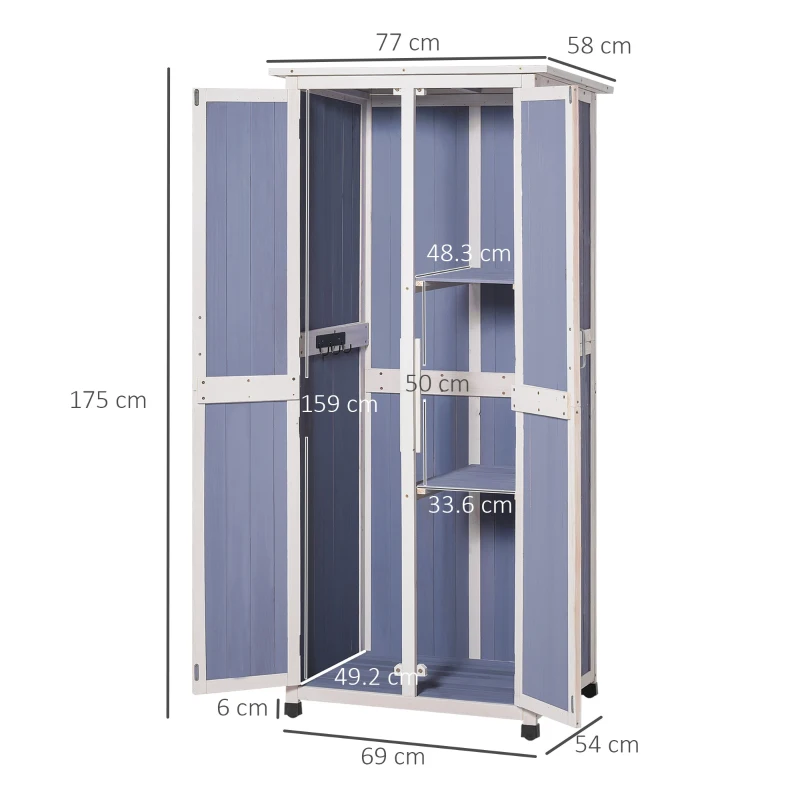 Outsunny Outdoor Garden Shed Wooden Garden Cabinet 3-Tier Double-door Storage Shed 2 Shelves Organizer with Handle Hooks Magnetic Latch Foot Pad 77 x 58 x 175cm Blue
