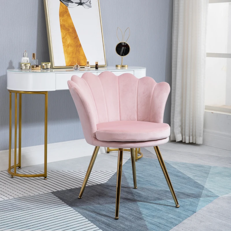 HOMCOM Lot de 2 fauteuil coquillage Fauteuil rose Fauteuil de salon Chaise en velours pieds métal dorés effilés dim. 67l x 64P x 77H cm rose