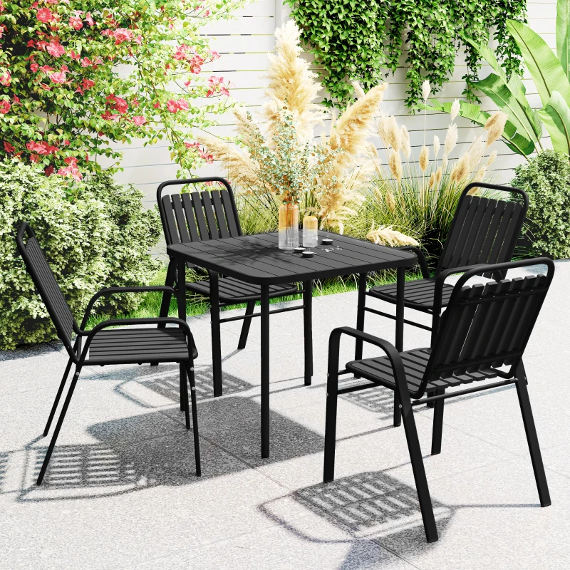 Outsunny Set 4 Sedie da Giardino Impilabili con Schienale Alto e Braccioli, in PP e Acciaio, 56x66x91 cm, Nero