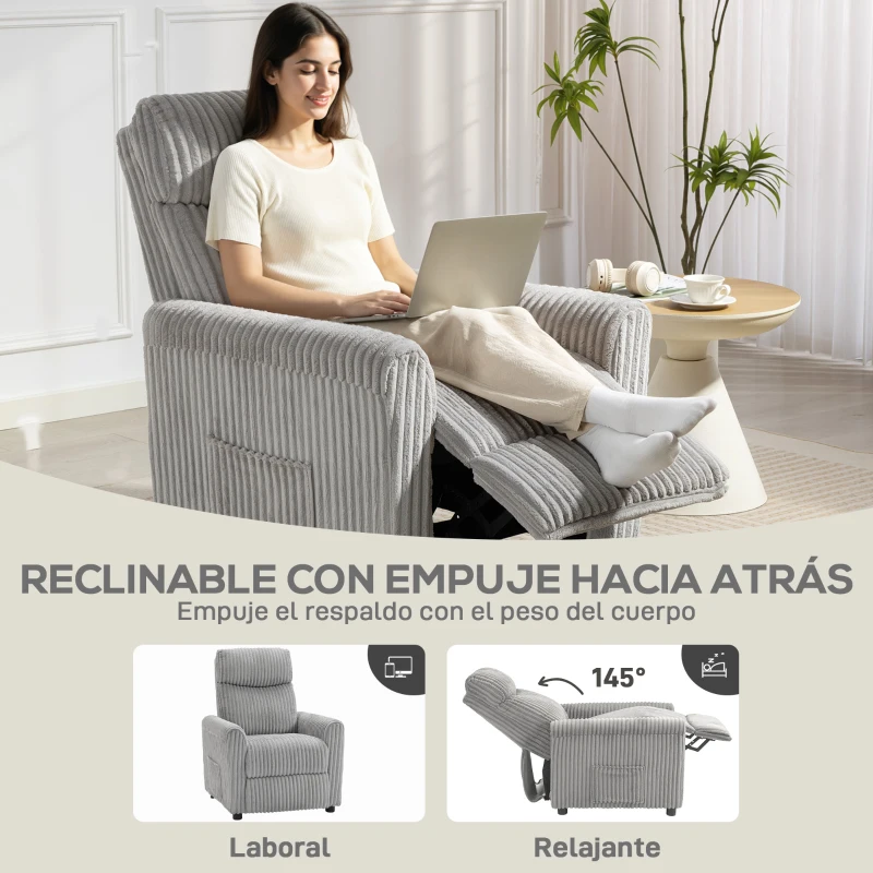 HOMCOM Sillón Relax Reclinable Manual Tapizado en Pana Instalación Rápida Reposapiés Acolchado Grueso Gris Claro