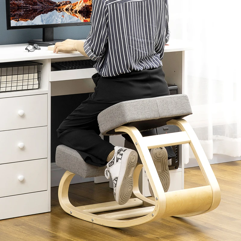 Vinsetto Kniestuhl, ergonomischer Sitzhocker, Polsterhocker für gesunde Sitzhaltung, Birkenholz, 120 kg belastbar, Grau