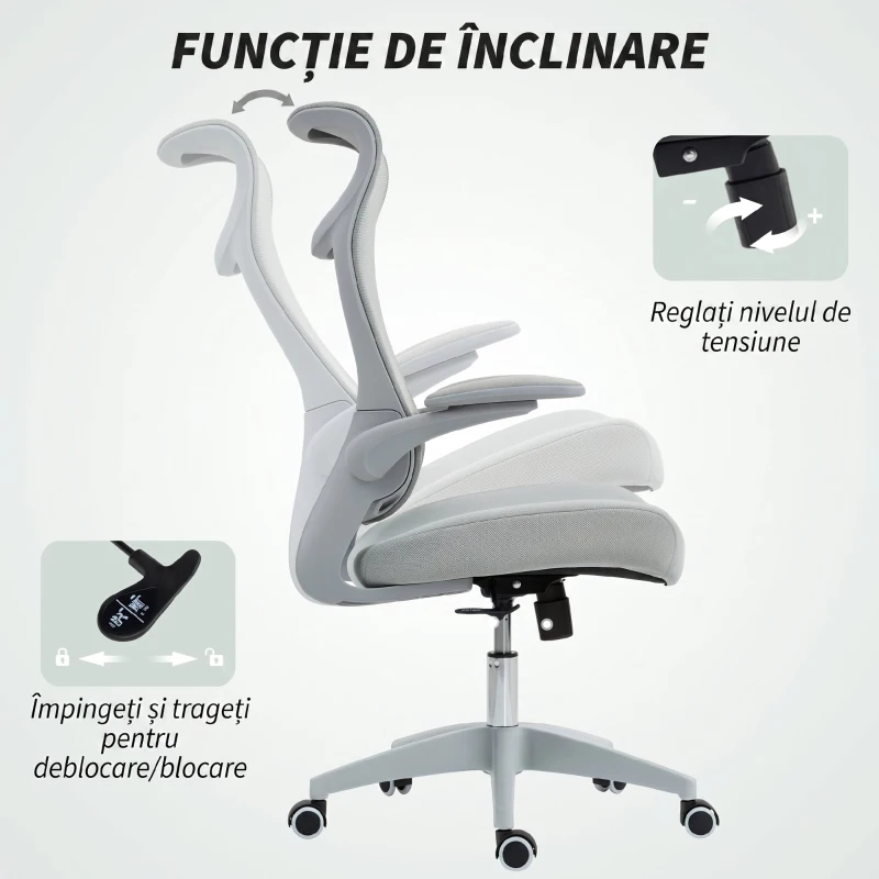 HOMCOM Scaun de Birou Ergonomic cu Brațe Reglabile, Spătar din Plasă și Tetieră, Gri