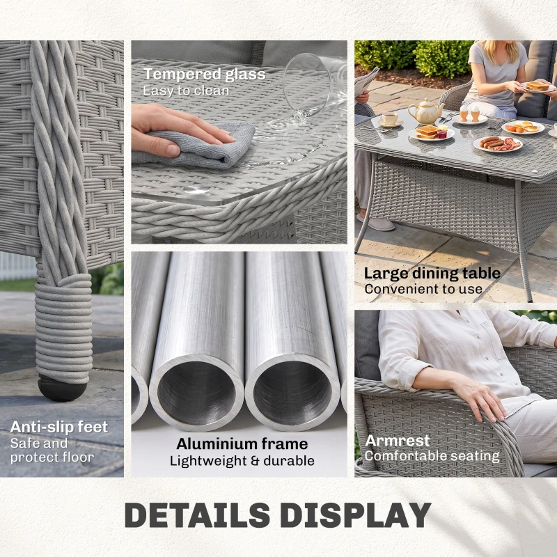 Outsunny Garden PE Rattan Dining Sofa Set, Outdoor 4 Seater Wicker Furniture, High Back Chairs with Cushions, Tempered Glass Coffee Table for Patio, Light Grey