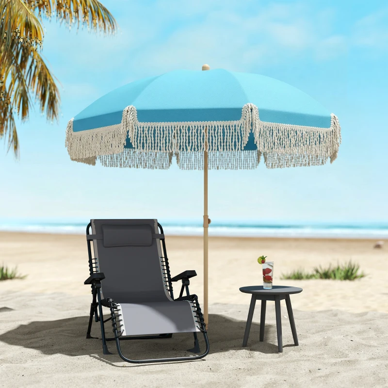 Outsunny 1.7 m Beach Umbrella with Sand Anchor, 30° Tilting Fringed Beach Garden Parasol with Adjustable Height, Grey