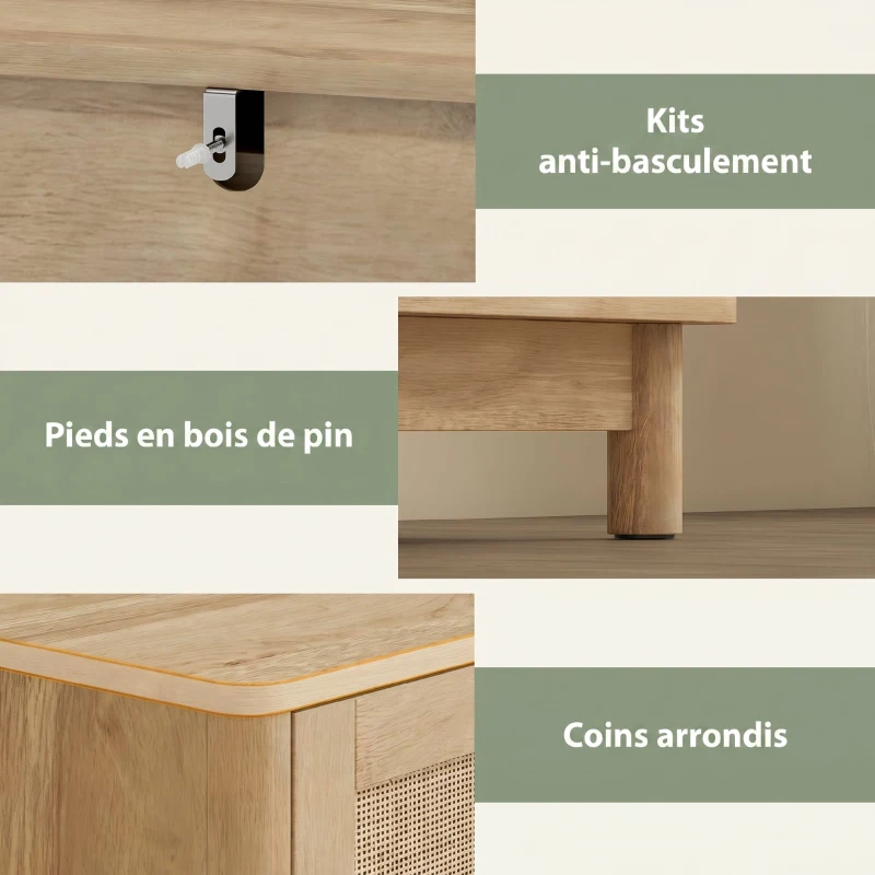 HOMCOM Commode 3 Tiroirs en Rotin, Meuble de Rangement, Chiffonnier, Pieds en Bois Massif, Style Bohème, 76x35x76cm, Chêne