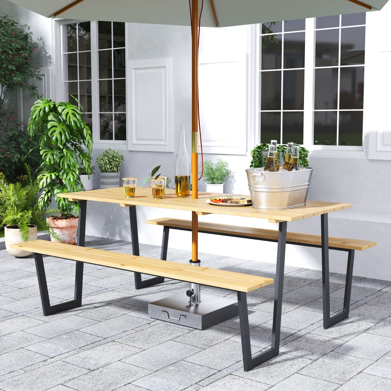 Outsunny Bierzeltgarnitur Holz 3-teilig Festzeltgarnitur mit Schirmloch Biertisch 2 x Bierbank 175 x 148 x 78 cm Naturholz