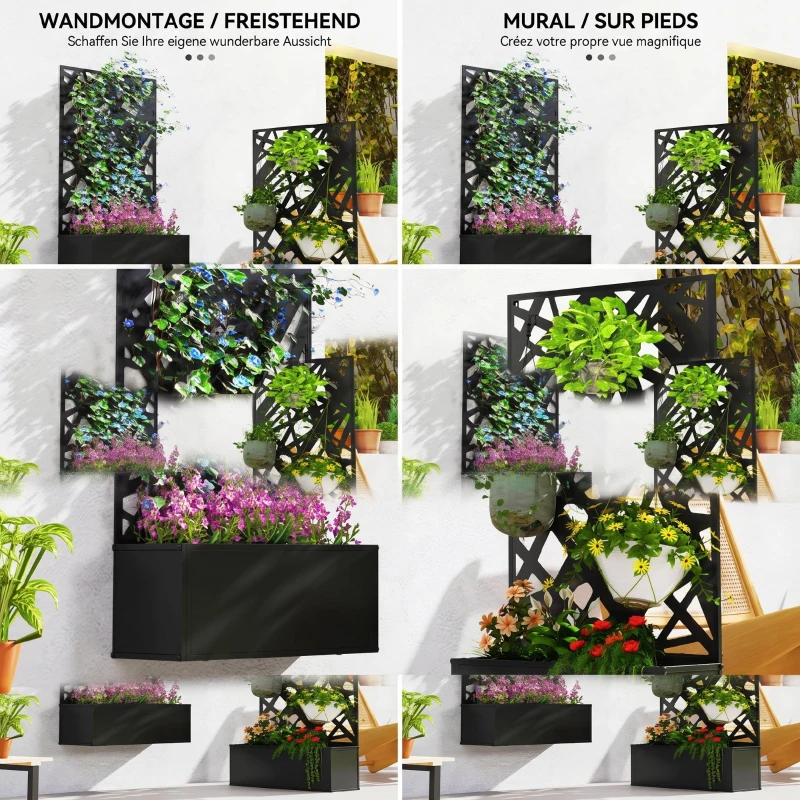 Outsunny Jardinieră Ridicată cu Spalier Decorativ pentru Plante Cățărătoare, pentru Sol sau Perete, 61x23x113 cm, Negru