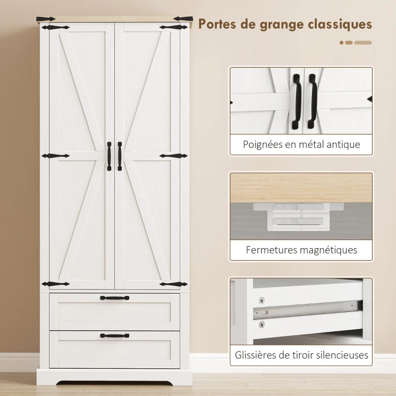 HOMCOM Buffet haut cuisine, armoire de cuisine avec 2 portes, 2 tiroirs, étagères réglables, style rustique, 76x40x180cm, blanc