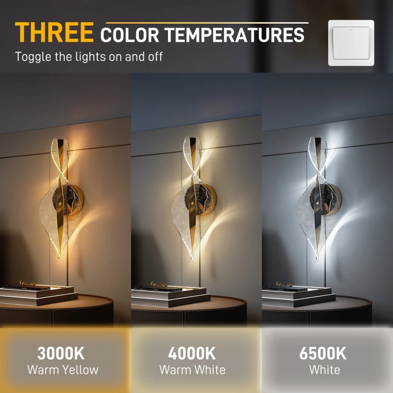 HOMCOM Led Wall Lamp 2 Pack, 13W Modern Indoor Spiral Wall Light, Colour Temperature Adjustable 3000K/4000K/6500K, for Bedroom, Living Room, Hallway, Stairs, Gold Tone