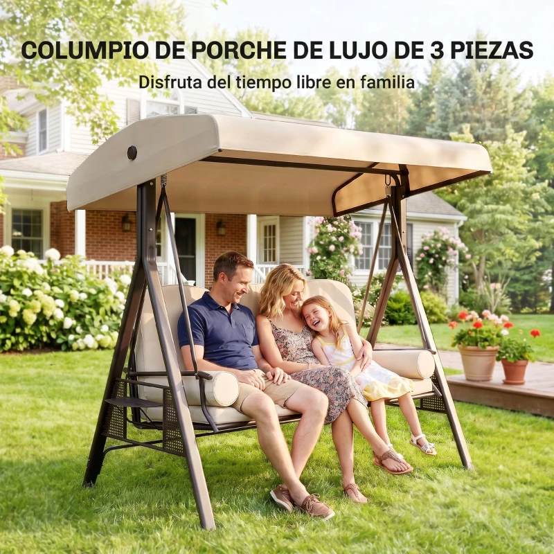 Outsunny Balancín de Jardín de 3 Plazas con Estructura Metálica Toldo y Bandeja para Bebidas para Exterior 208x121x172 cm Beige