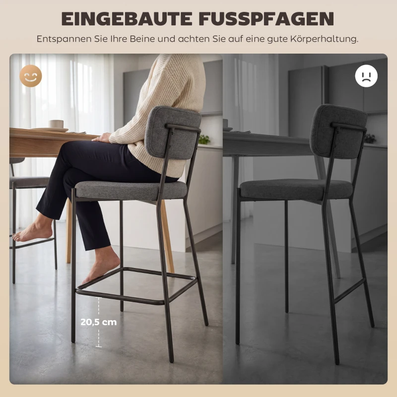 HOMCOM Barhocker im 2er-Set, Polster-Barstühle mit geschwungener Rückenlehne, für Kücheninsel, Frühstücksbereich, Grau