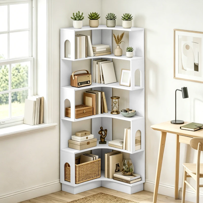 HOMCOM Bibliothèque d'angle, étagère de rangement à 6 niveaux avec panneaux latéraux arqués, 60 x 60 x 165,5 cm, blanc