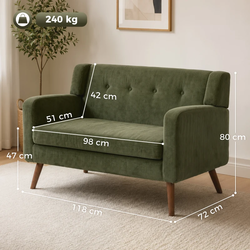 HOMCOM 2 Seater Sofa, 118 cm Corduroy Small Loveseat with Spring Cushion, Wood Legs for Small Space, Living Room, Dark Green